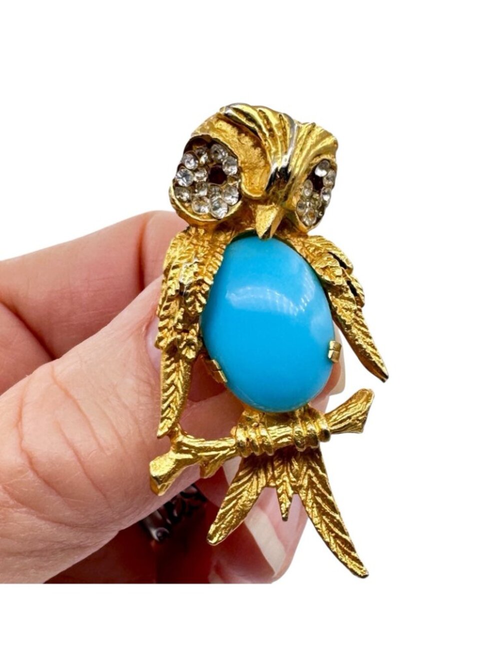 Vintage Bijoux Cascio Owl Brooch Gold-Tone Figural Blue Art Glass Belly Italy - Picture 8 of 9